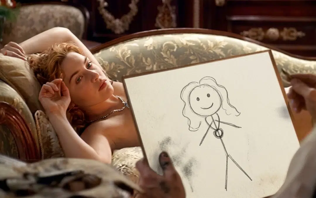 illustration of rose being drawn by jack on the titanic and he is not a good artist
