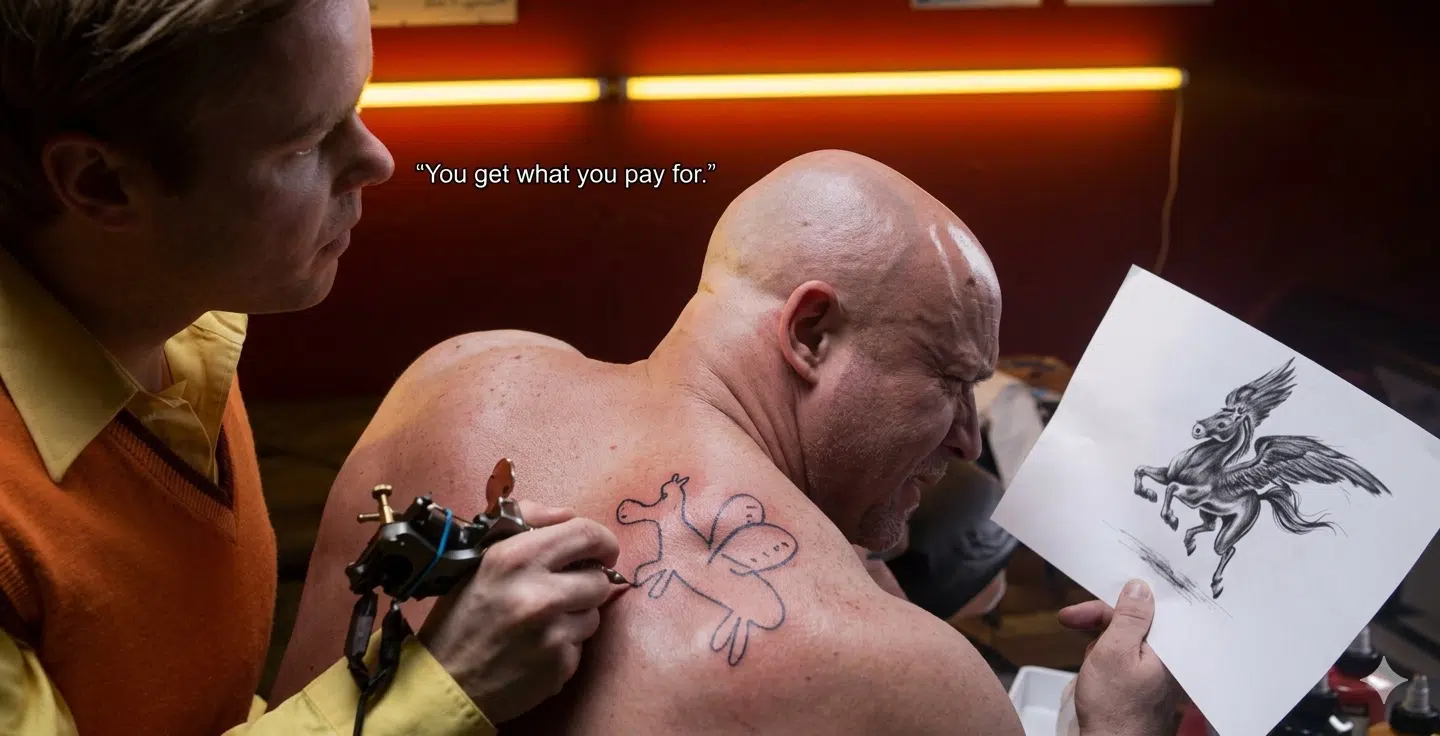 you get what you pay for | you get what you pay for picture illustrating a tattoo artist drawing a terrible versio of a flying horse on someone's back.