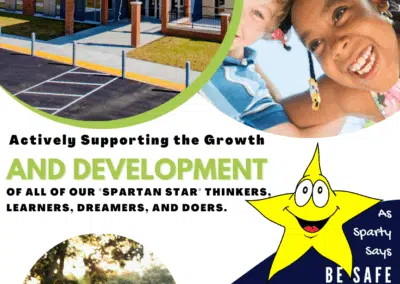Flyer for Conrad Elvehjem Primary School featuring kids playing and smiling