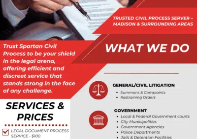Flyer for Spartan Civil Process featuring a pic of a summons being signed and listed services