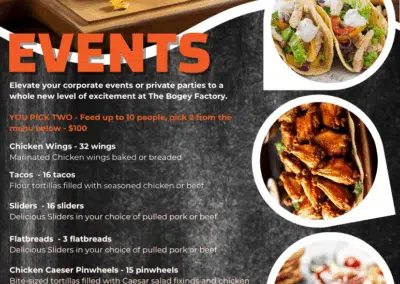 Flyer for Bogey Factory featuring pictures of food including tacos sliders pizza dnd wings