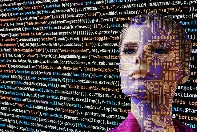 artifical intelligence woman cyborg reading a bunch of indecipherable code