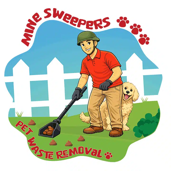 Logo design for Mine Sweepers illustrating a guy with a dog picking up pet refuse