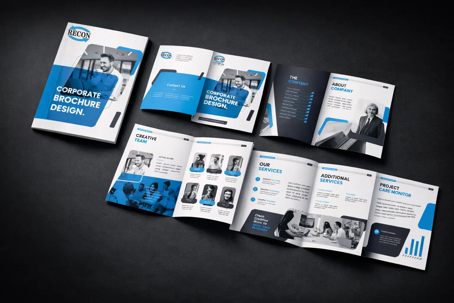 Corporate brochure spread on dark backdrop | Corporate brochure spread on dark backdrop