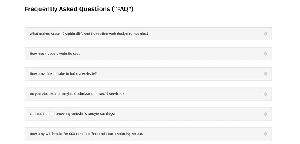 Example FAQ section | Example FAQ accordian section on a website