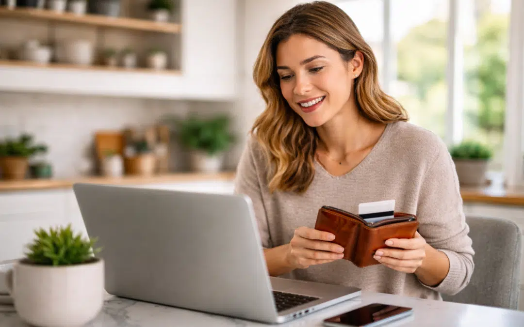 Smiling woman at her computer with her wallet in hand ready to make a purchase